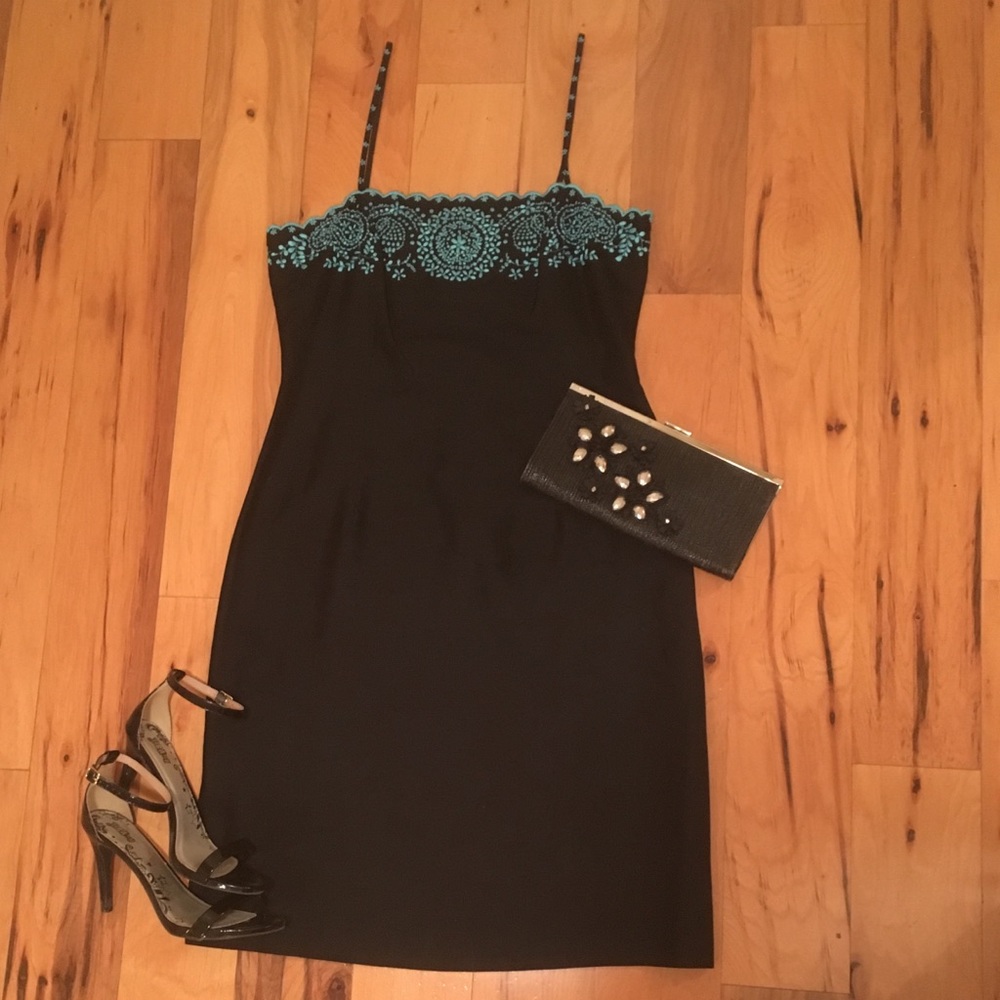 Ann Taylor Black Dress With Turquoise Design - Picture 1 of 7